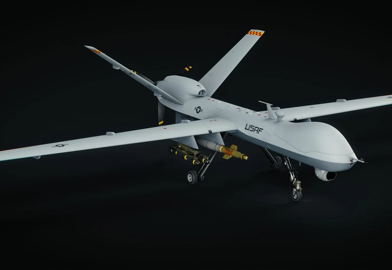 A military unmanned aircraft on a dark background